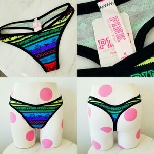 Victoria's Secret PINK Cotton V-Cut Low Rise Thong Panty Rainbow Fair Isle NWT